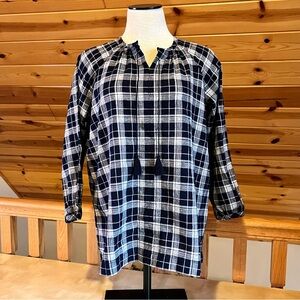 Madewell Navy Blue Plaid Long Sleeve V-Neck Cotton Linen Relaxed Fit Blouse Sz S
